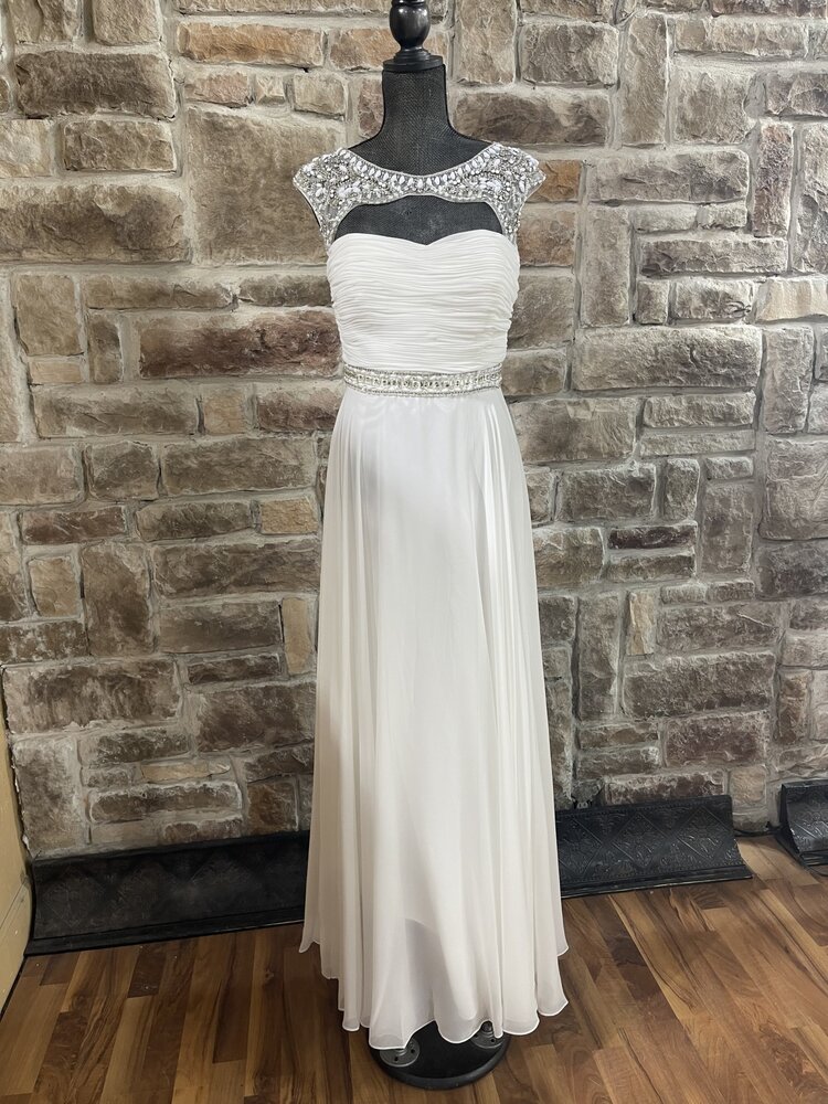 Aspeed Off-White Chiffon Gown with Mixed Opaque and Crystal Beading, Size L