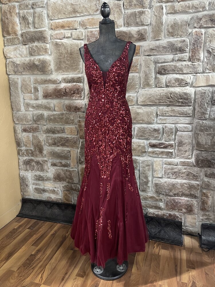 Aspeed Burgundy Top Beaded Mermaid Long Dress, Size M