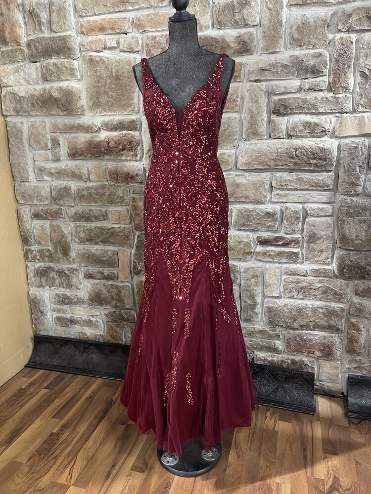 Aspeed Burgundy Top Beaded Mermaid Long Dress, Size M