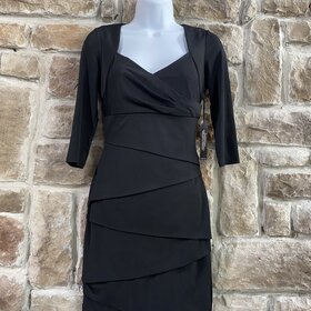 Black Knit Dress with Sweetheart Neckline w/ Cascading Angle Skirt, Size 0