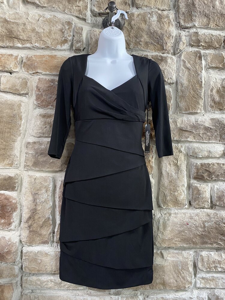 Black Knit Dress with Sweetheart Neckline w/ Cascading Angle Skirt, Size 0