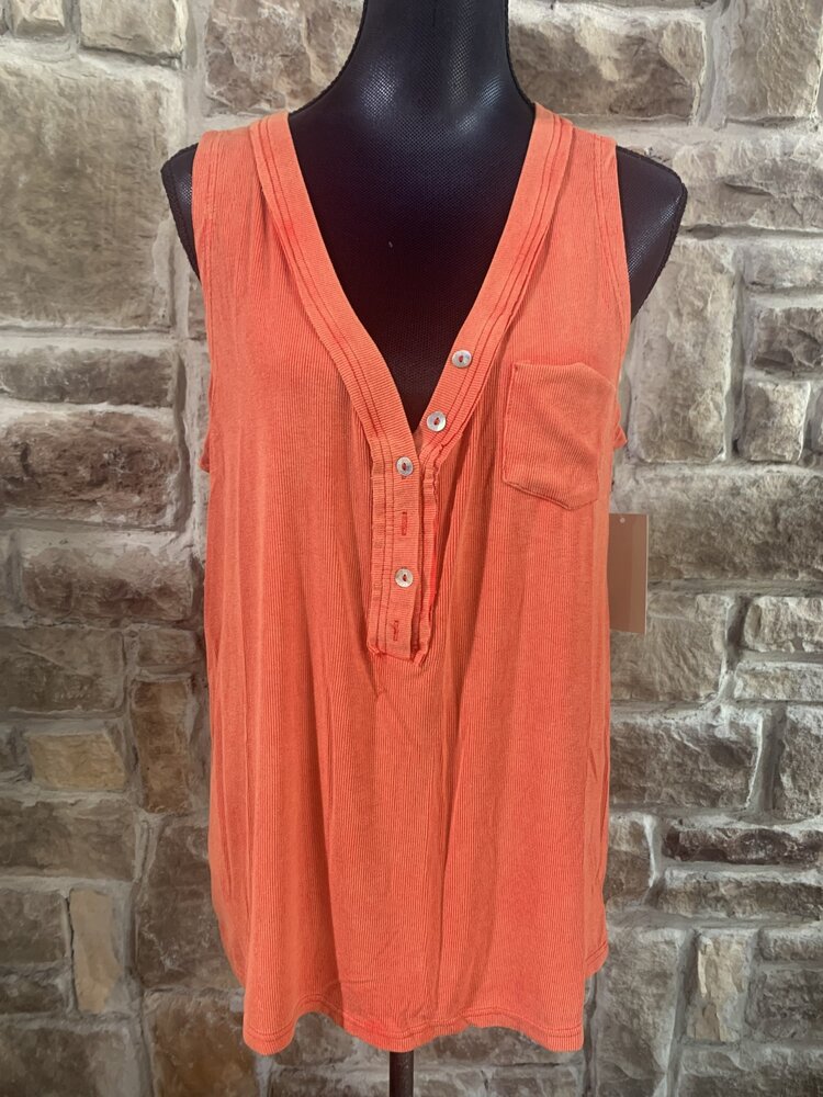 POL Orange Button V Neck Tank Top