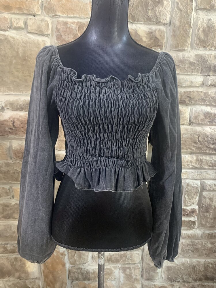 POL Black Twill Smocked Top