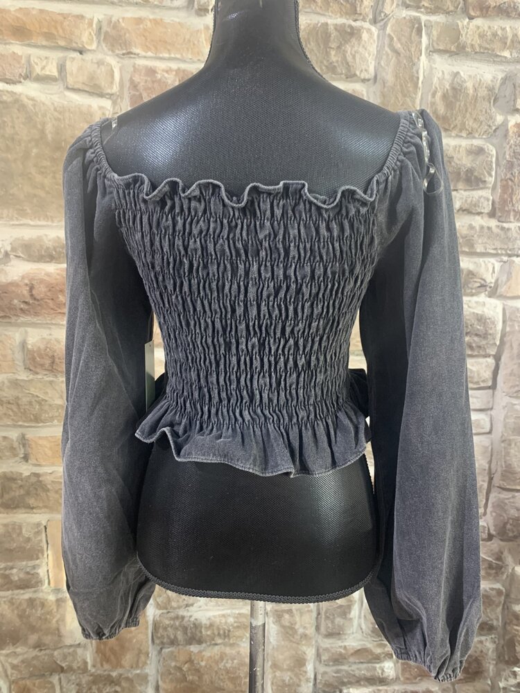 POL Black Twill Smocked Top