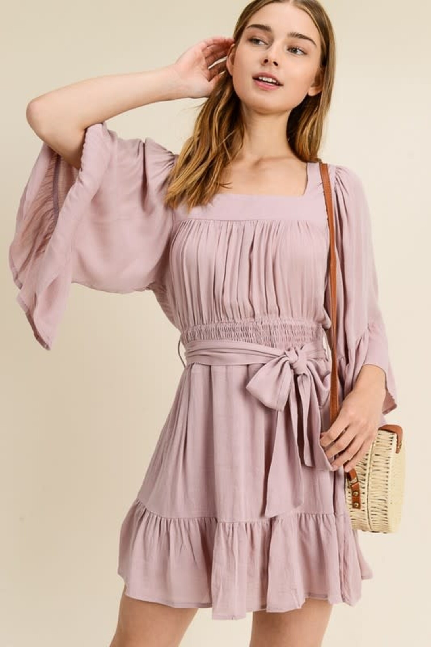 Dusty Mauve Flowy Square Neck Mini Dress - Elements Unleashed
