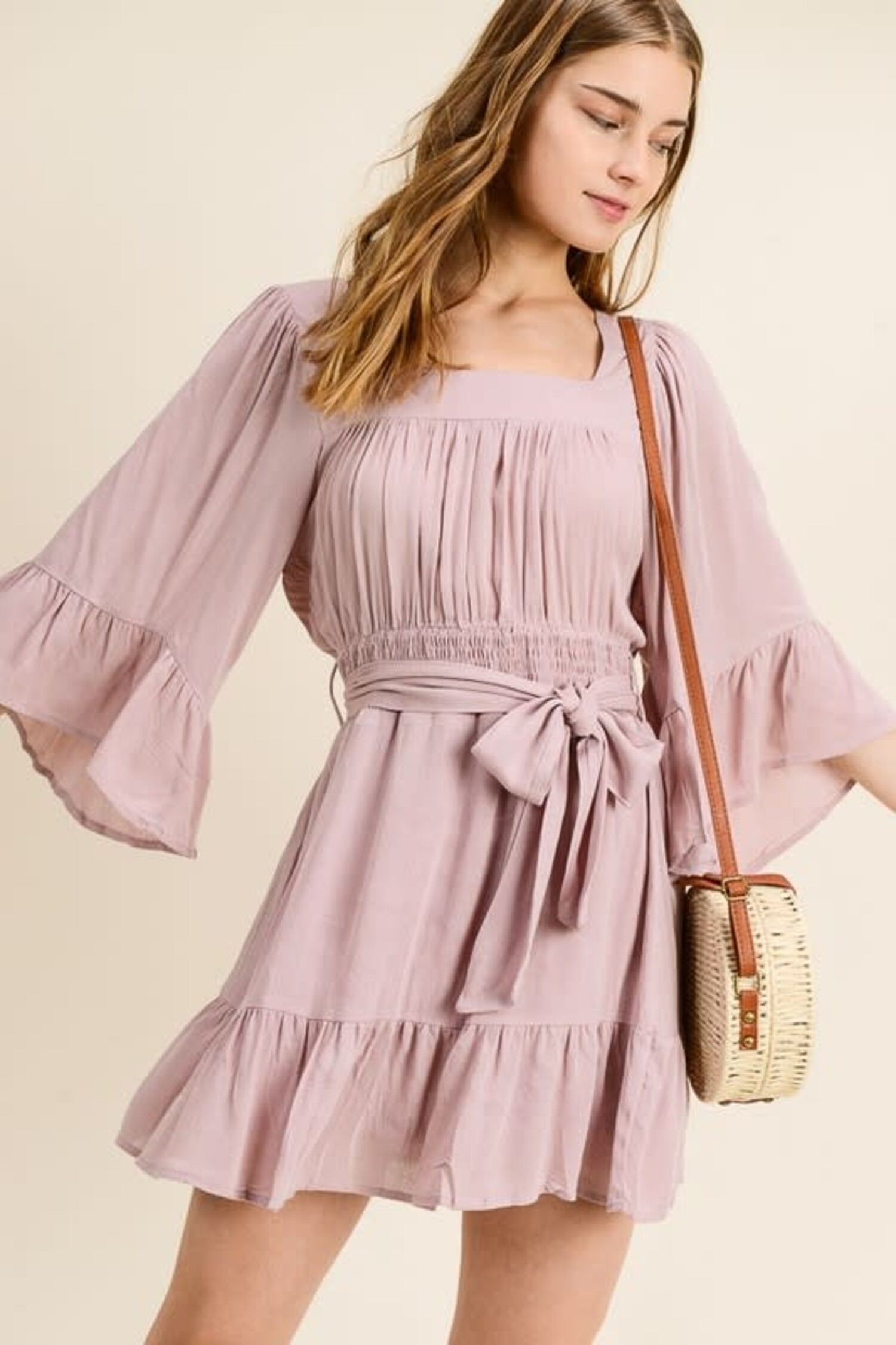 Dusty Mauve Flowy Square Neck Mini Dress - Elements Unleashed