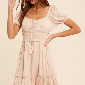 in loom Blush Beige Swiss Dot Square Neck Smocked Dress, Size L