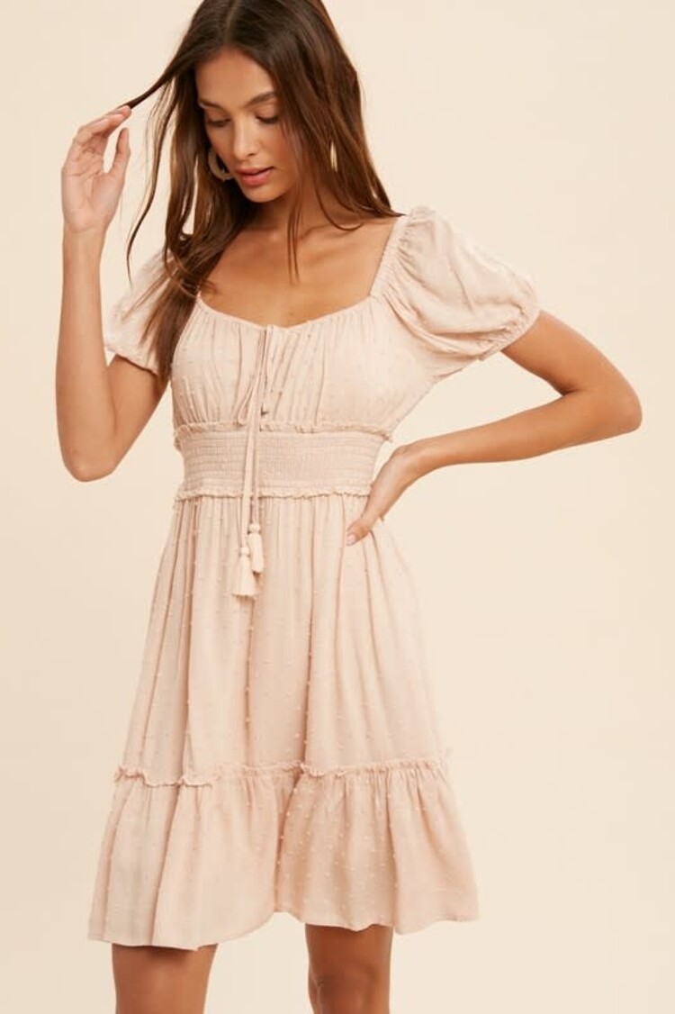 in loom Blush Beige Swiss Dot Square Neck Smocked Dress, Size L