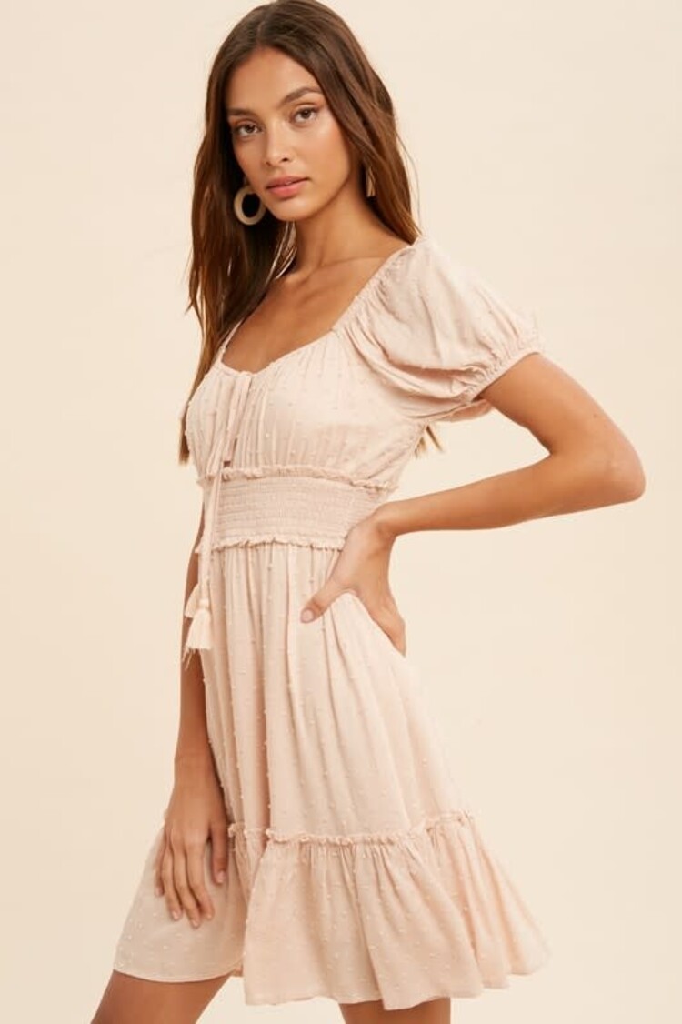 in loom Blush Beige Swiss Dot Square Neck Smocked Dress, Size L