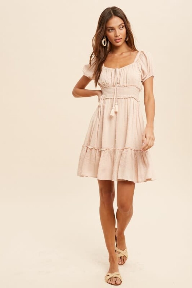 in loom Blush Beige Swiss Dot Square Neck Smocked Dress, Size L