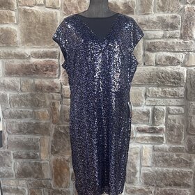 Teeze Me Navy Sequin Dress with Mesh V and Cap Sleeves, Size 20