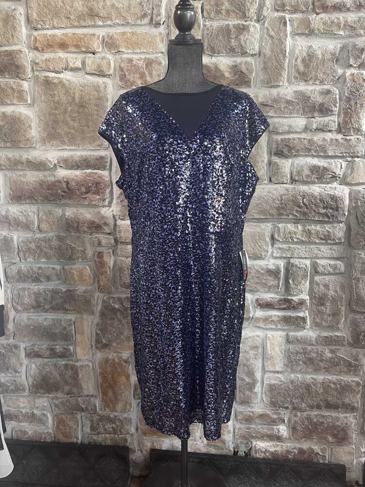 Teeze Me Navy Sequin Dress with Mesh V and Cap Sleeves, Size 20
