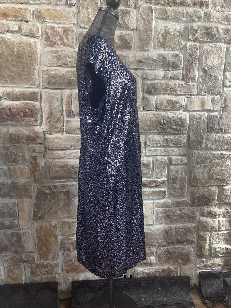 Teeze Me Navy Sequin Dress with Mesh V and Cap Sleeves, Size 20