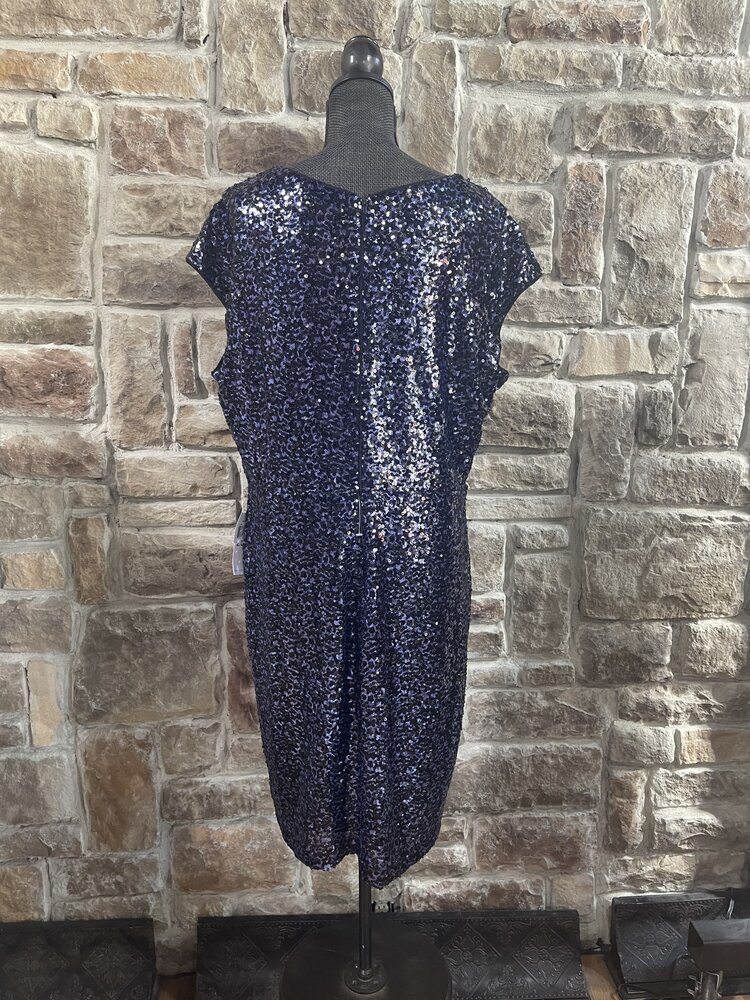 Teeze Me Navy Sequin Dress with Mesh V and Cap Sleeves, Size 20