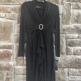 Jones New York Black Crepe Long Sleeve Dress with Embellished Buckle, Size 6