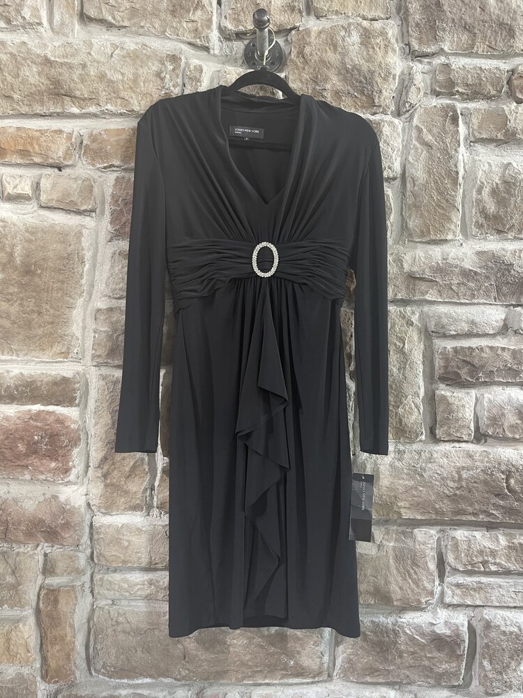 Jones New York Black Crepe Long Sleeve Dress with Embellished Buckle, Size 6