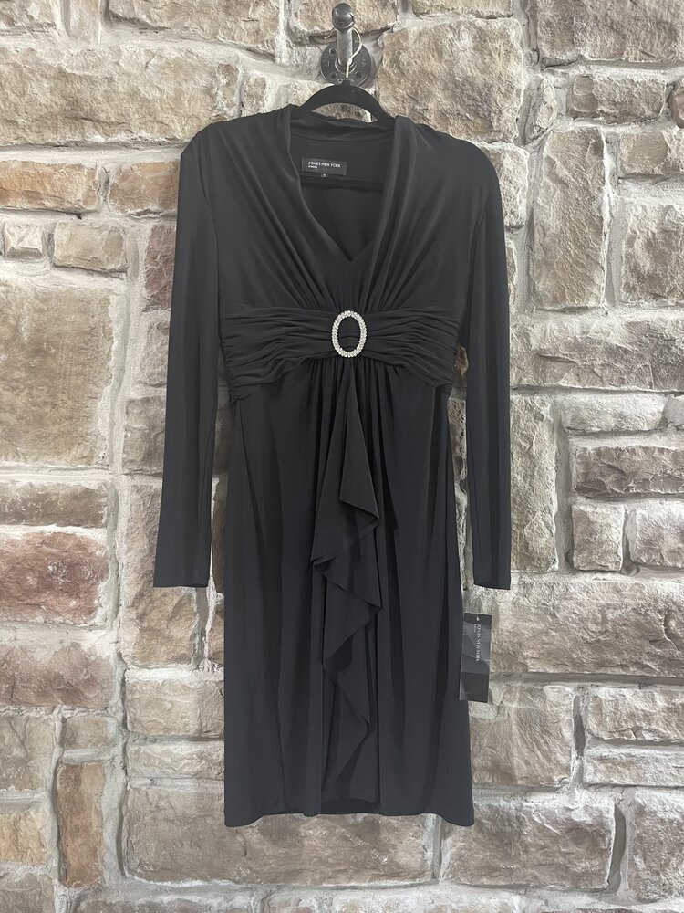 Jones New York Black Crepe Long Sleeve Dress with Embellished Buckle, Size 6