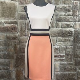 Calvin Klein Ivory Khaki and Peach Block Dress, Size 6