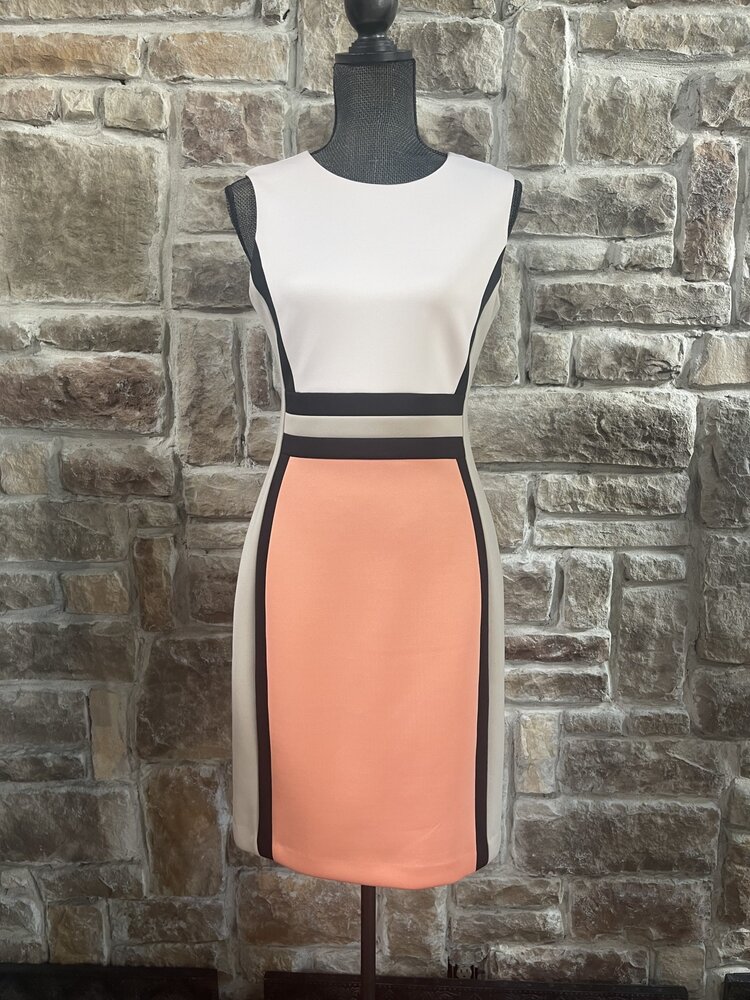Calvin Klein Ivory Khaki and Peach Block Dress, Size 6