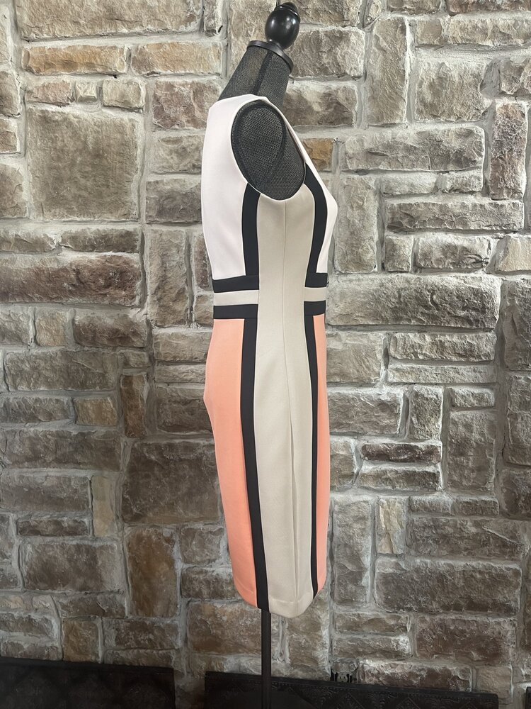 Calvin Klein Ivory Khaki and Peach Block Dress, Size 6