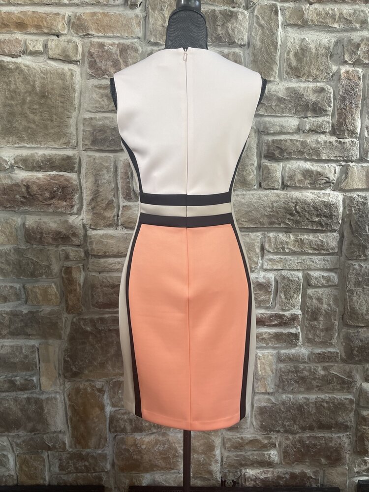 Calvin Klein Ivory Khaki and Peach Block Dress, Size 6