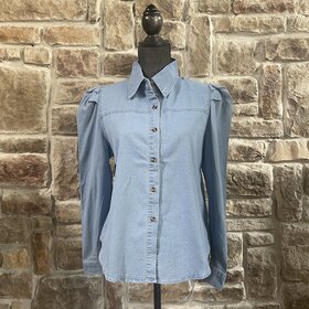 Mundefeis Blue Chambray Puffed Shoulder Blouse