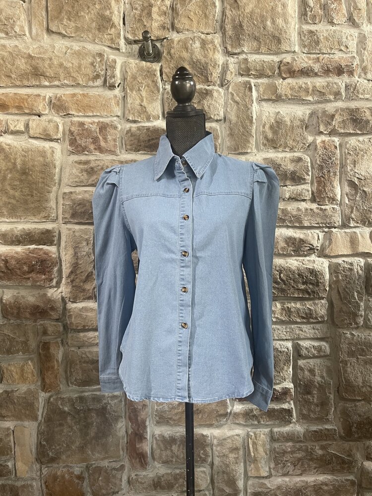 Mundefeis Blue Chambray Puffed Shoulder Blouse