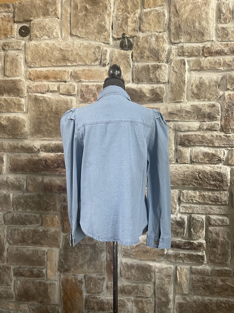 Mundefeis Blue Chambray Puffed Shoulder Blouse