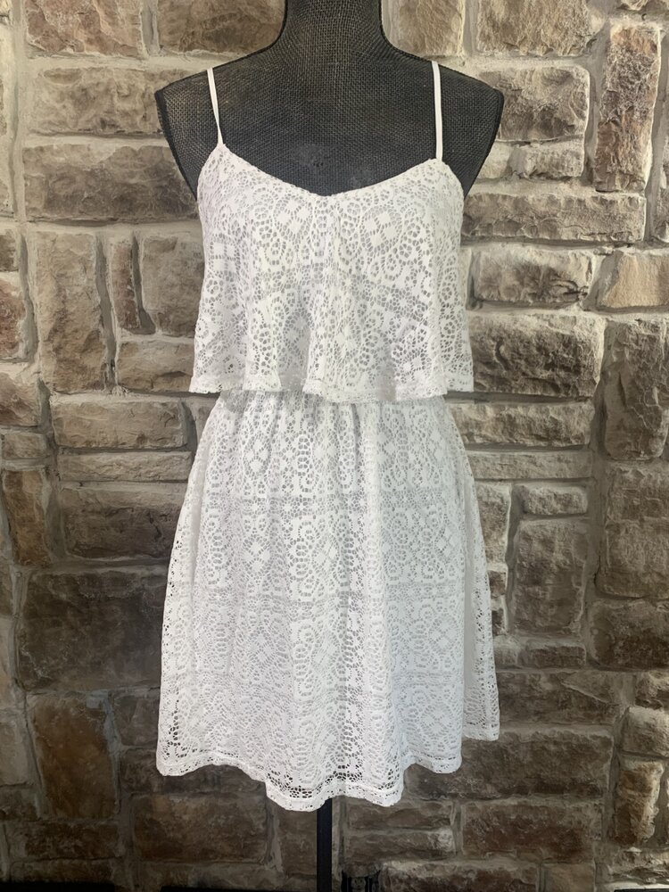 Soprano White Lace Ruffle Spaghetti Strap Dress, Size S