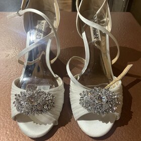 Badgley Mischka White Satin Wedge Heels with Rhinestone Embellishment, Size 7 1/2
