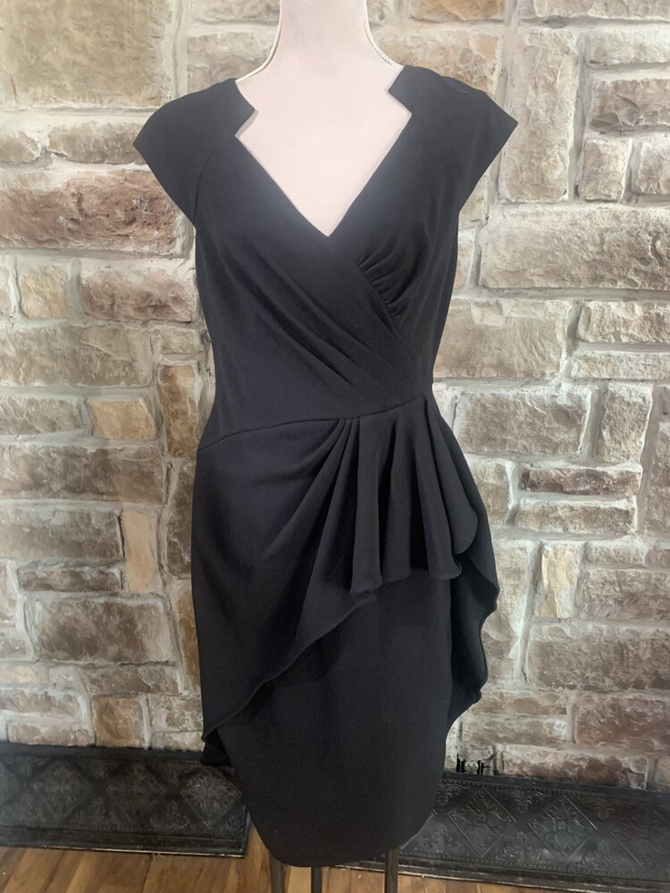 Badgley Mischka Black Notched Neckline Ruffle Dress, Size 12