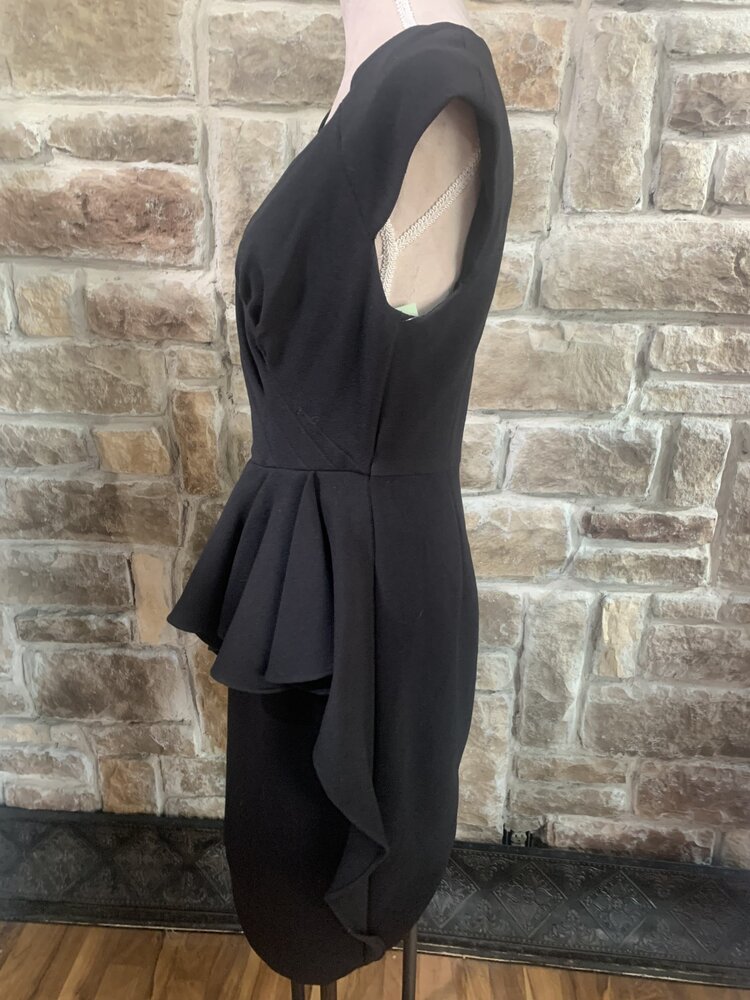 Badgley Mischka Black Notched Neckline Ruffle Dress, Size 12