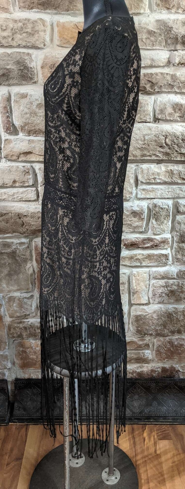 Black Lace Dress w/ Fringe Hem, Size S