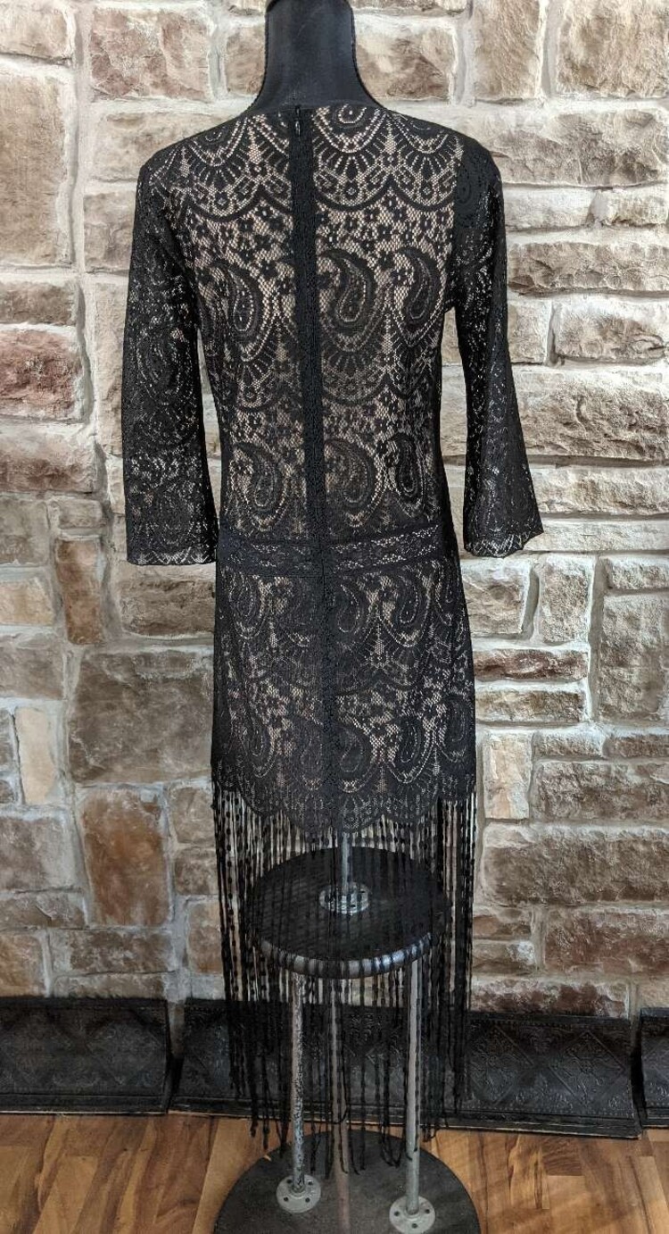 Black Lace Dress w/ Fringe Hem, Size S