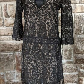 Black Lace Dress w/ Fringe Hem, Size S