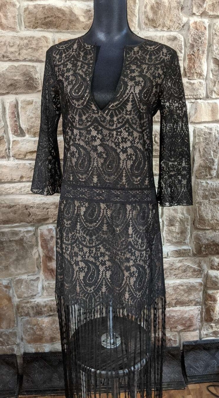 Black Lace Dress w/ Fringe Hem, Size S