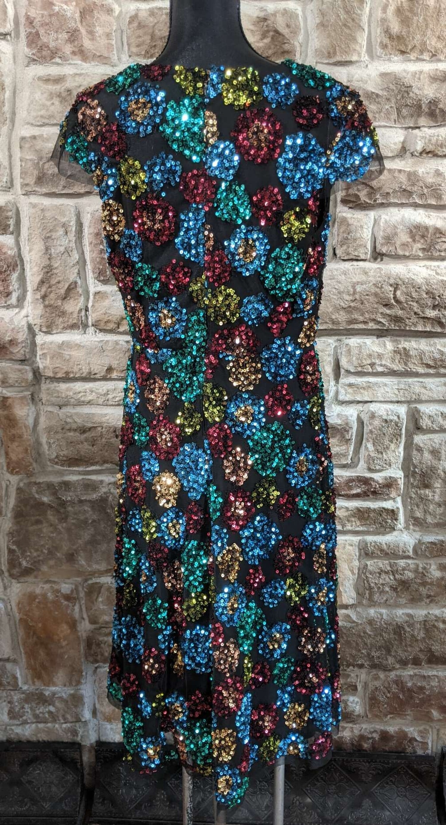 Patterned multicolor store sequin sheath dress
