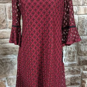 Sandra Darren Wine and Black Lace Overlay Sheath w/ Bell Flare Sleeve, Size 12