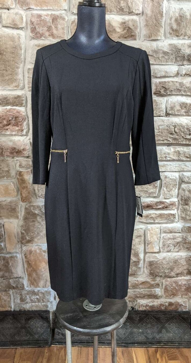 Black 3/4 Sleeve Sheath Dress w/ Fake Pockets, Size 8