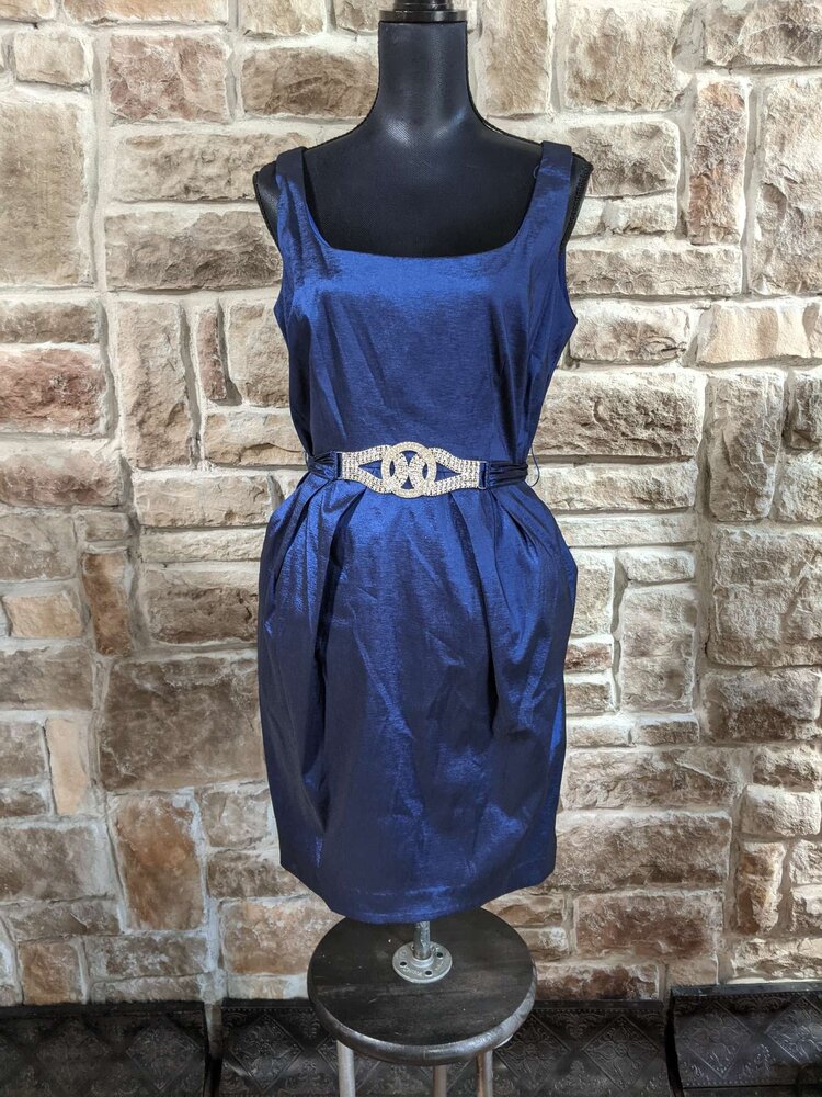 Dressbarn Navy Blue Dress with  Belt and Pockets, Size 14