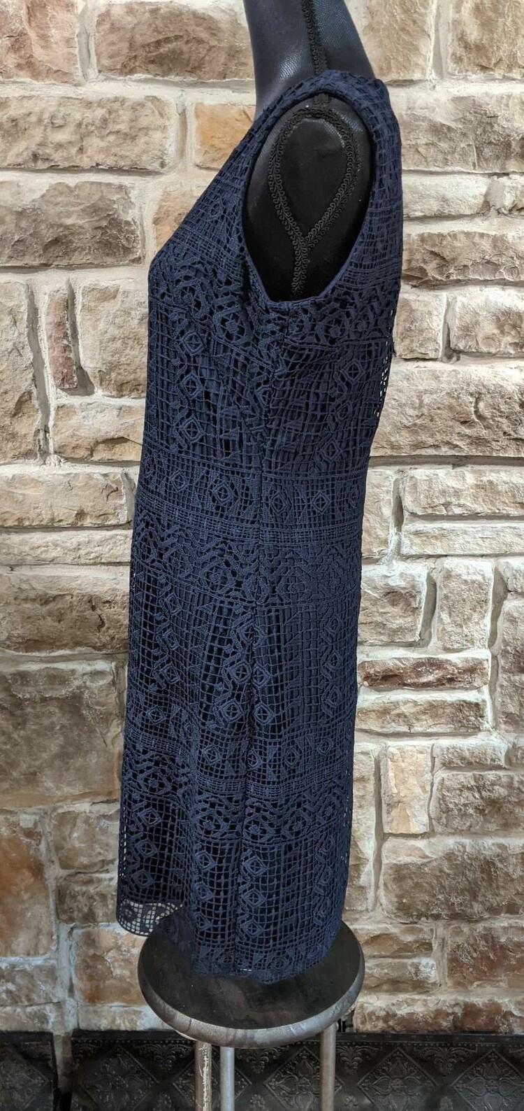 Donna Karan Navy Blue Geometric Overlay Sheath Dress, Size  8