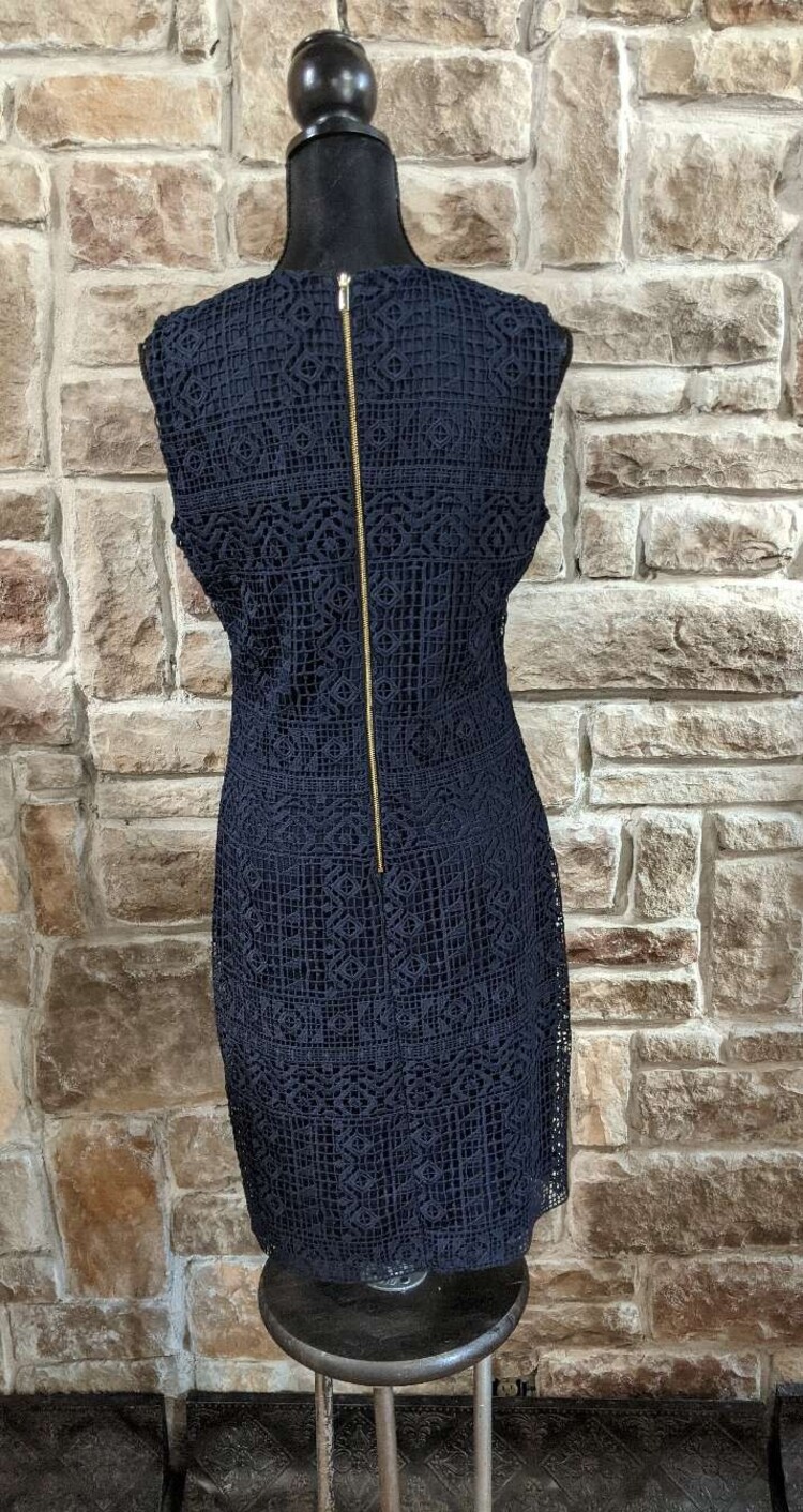 Donna Karan Navy Blue Geometric Overlay Sheath Dress, Size  8