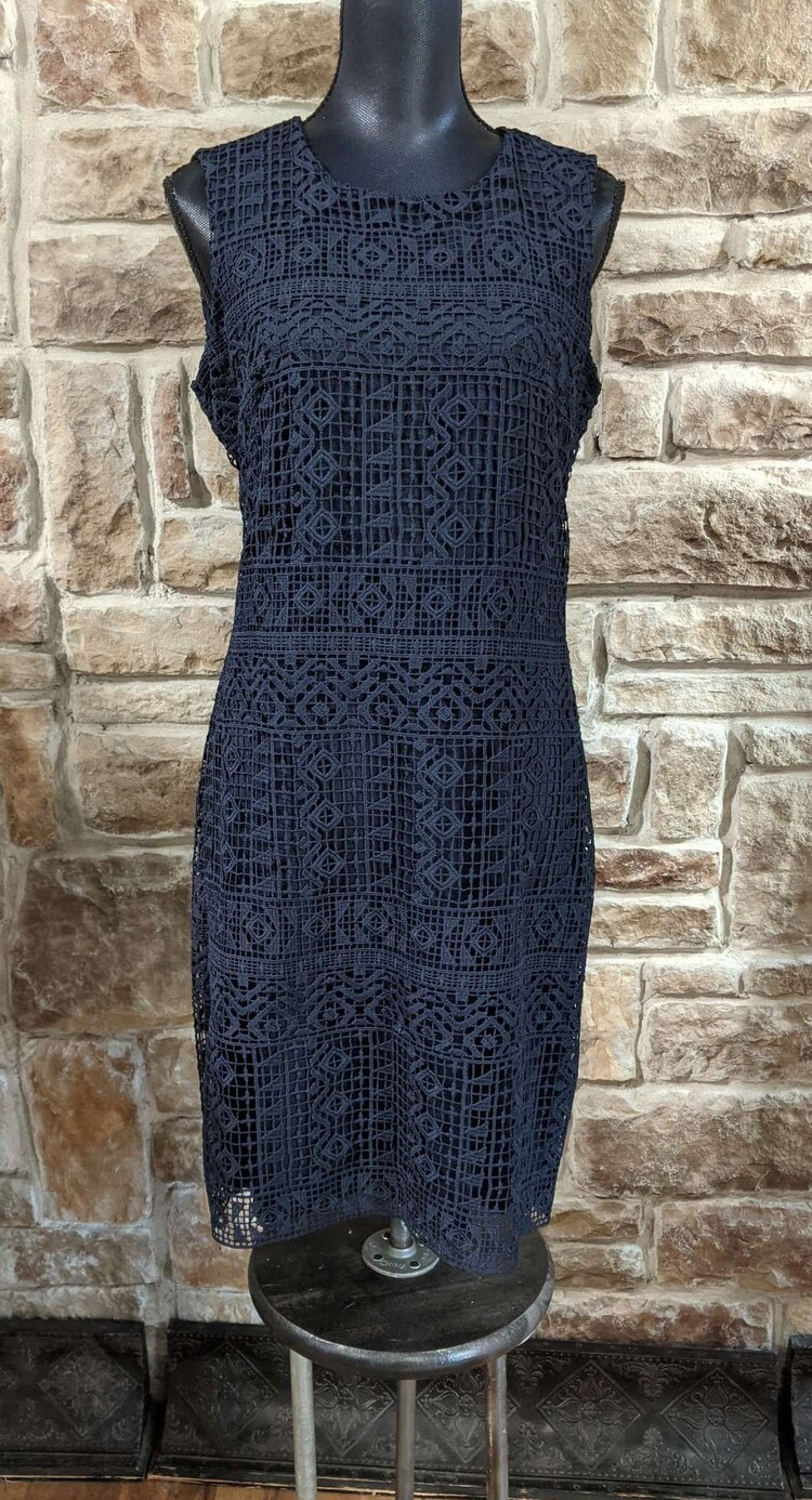 Donna Karan Navy Blue Geometric Overlay Sheath Dress, Size  8