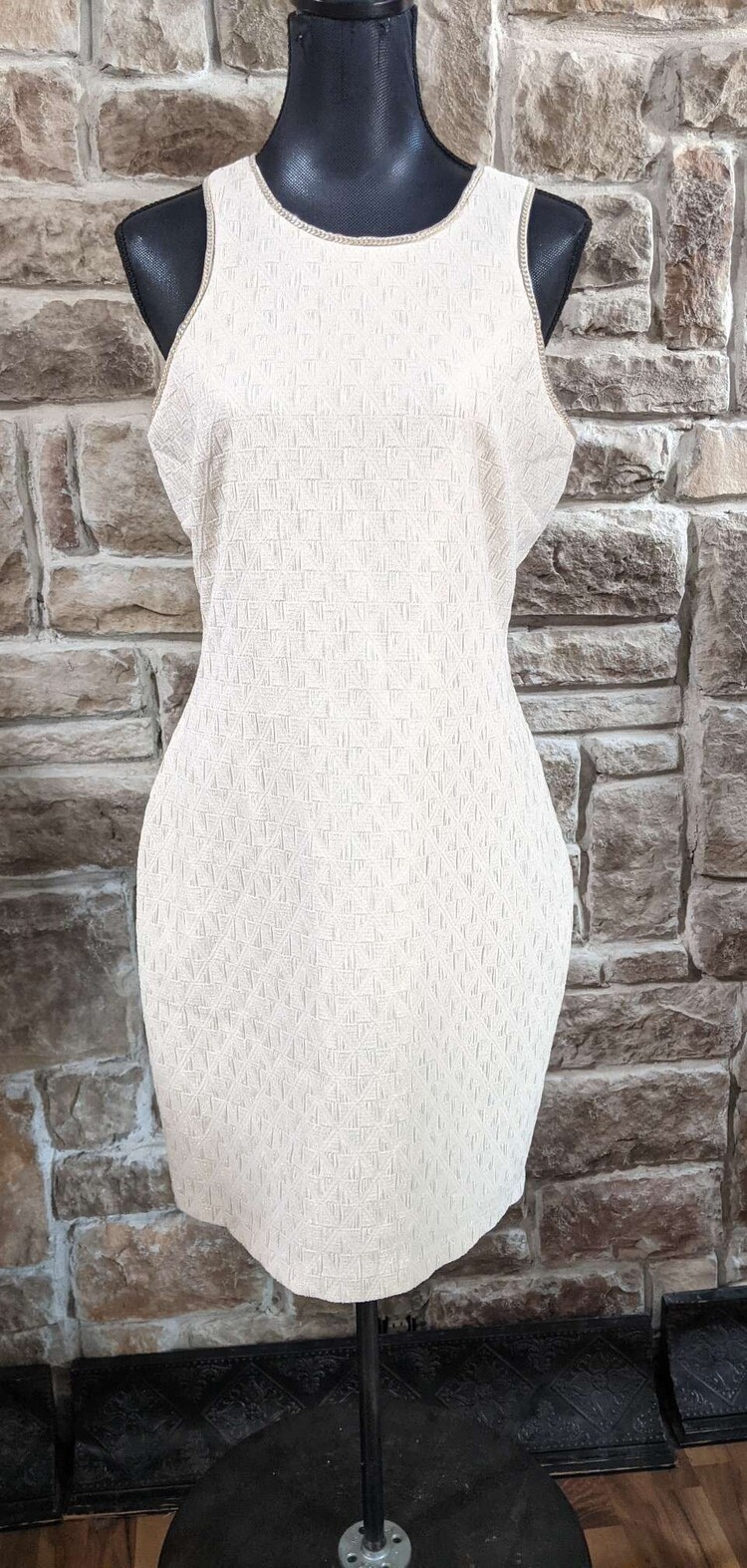 Belle Badgley Mischka Ivory and Gold Textured Dress, Size 10