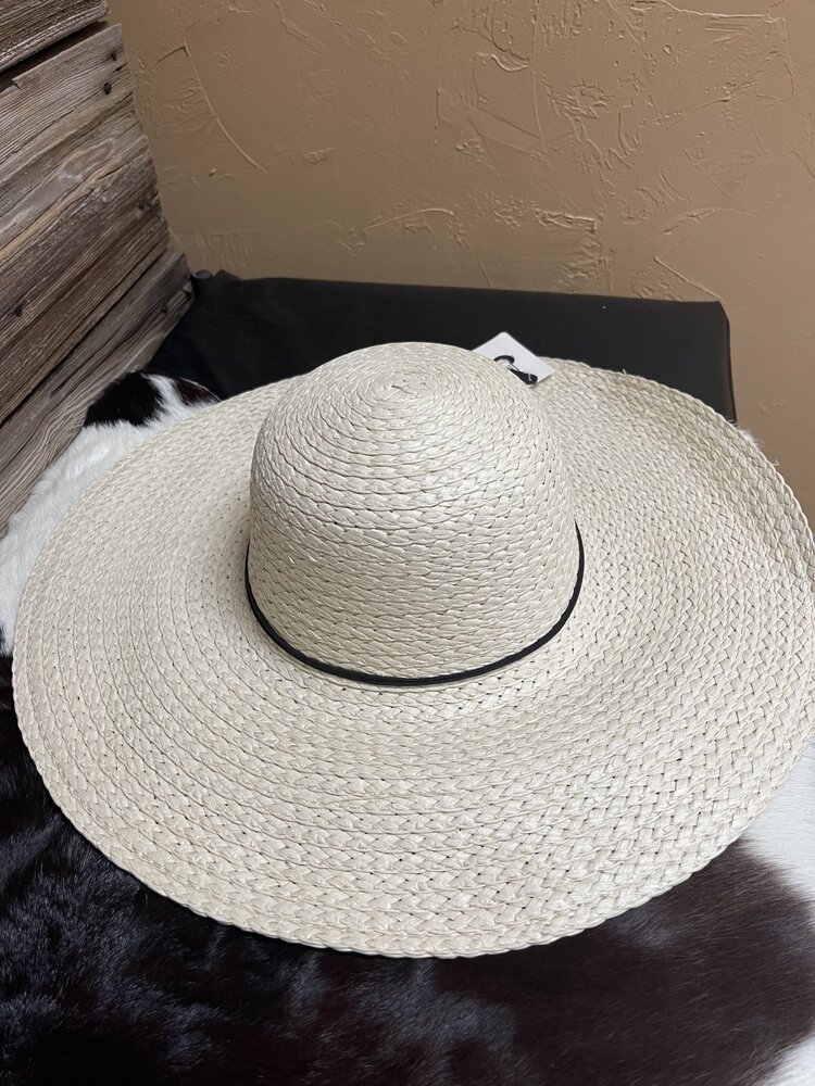 Hana Beige String Trim Straw Floppy Hat, O/S