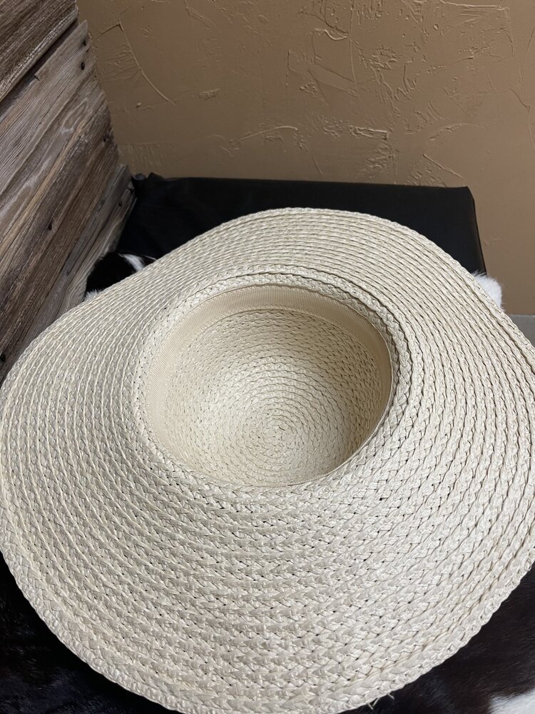 Hana Beige String Trim Straw Floppy Hat, O/S