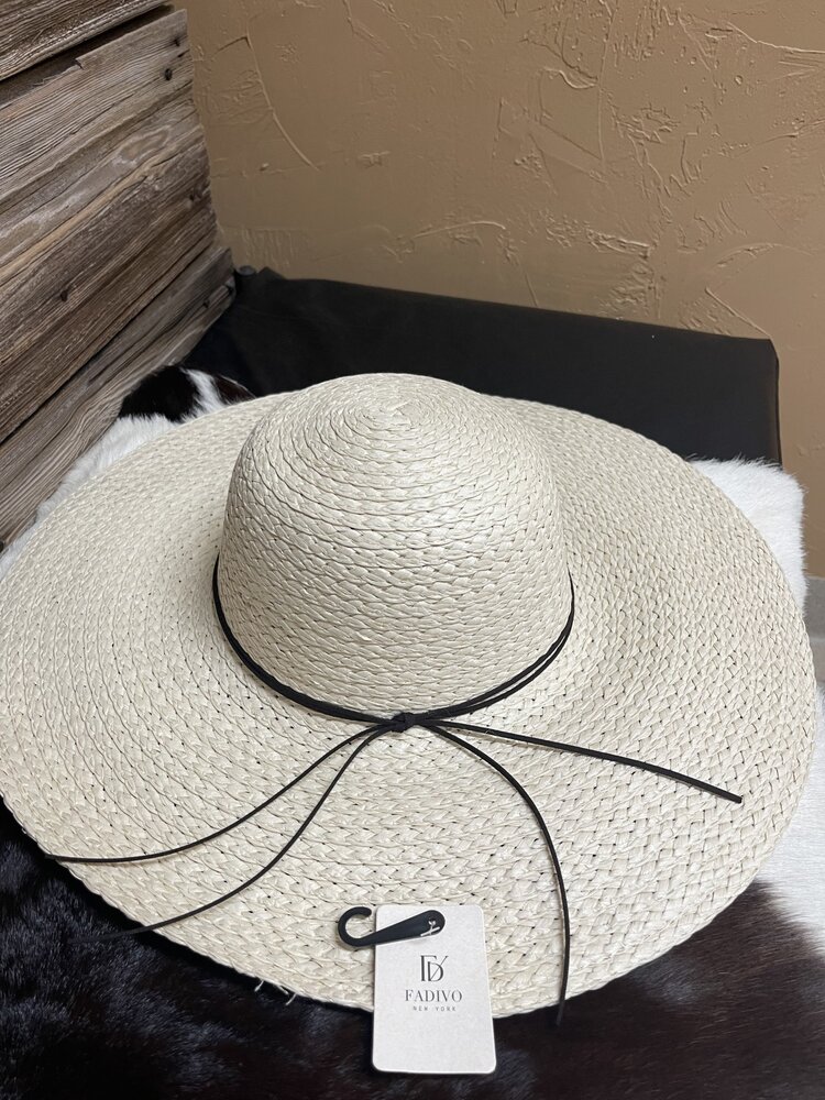 Hana Beige String Trim Straw Floppy Hat, O/S