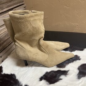 Tan Pointed Toe Booties with 2.5" Heel, Size 7.5
