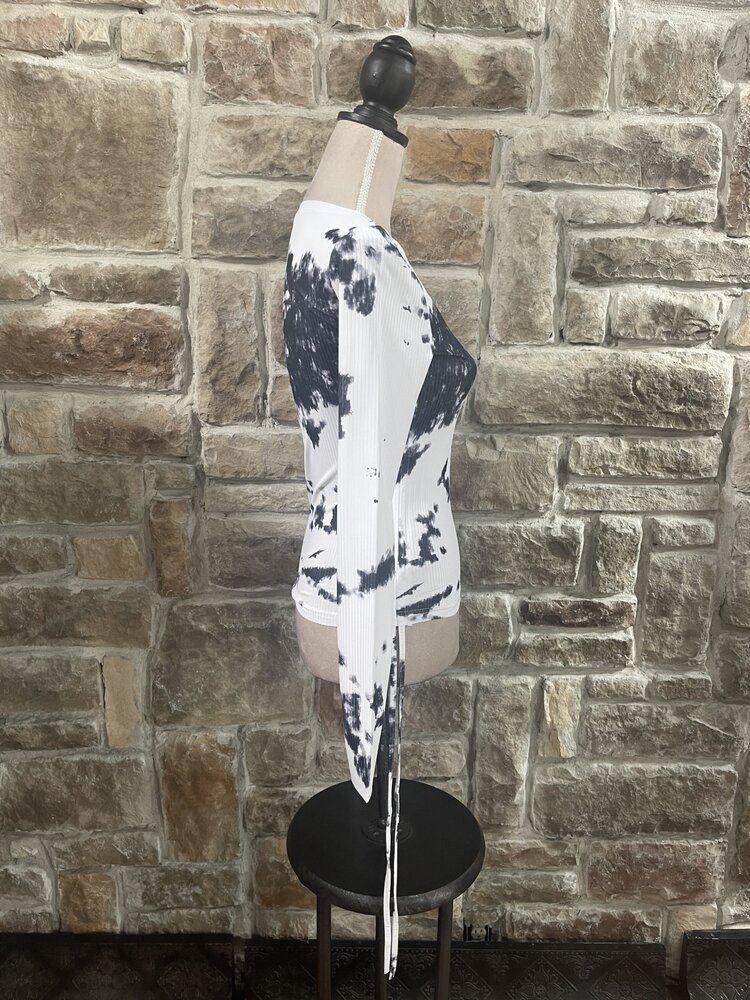 May Blue Slim Fit Ribbed Tie Dye Drawstring Top