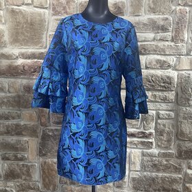 Belle Badgley Mischka Badgley Mischka Blue and Black Pattern Dress w/ Bell Sleeves, Size 12